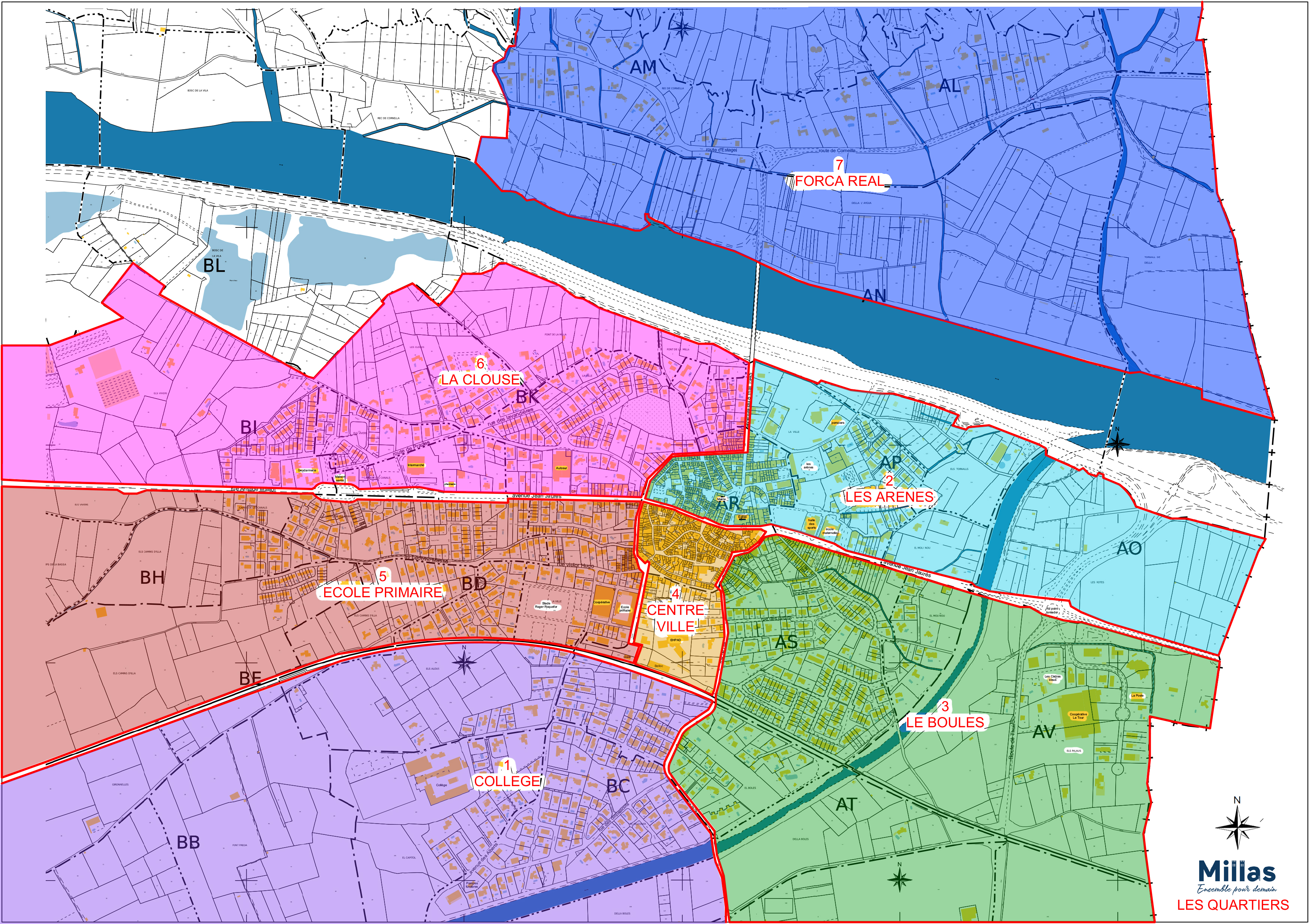 Carte des 6 quartiers de Millas