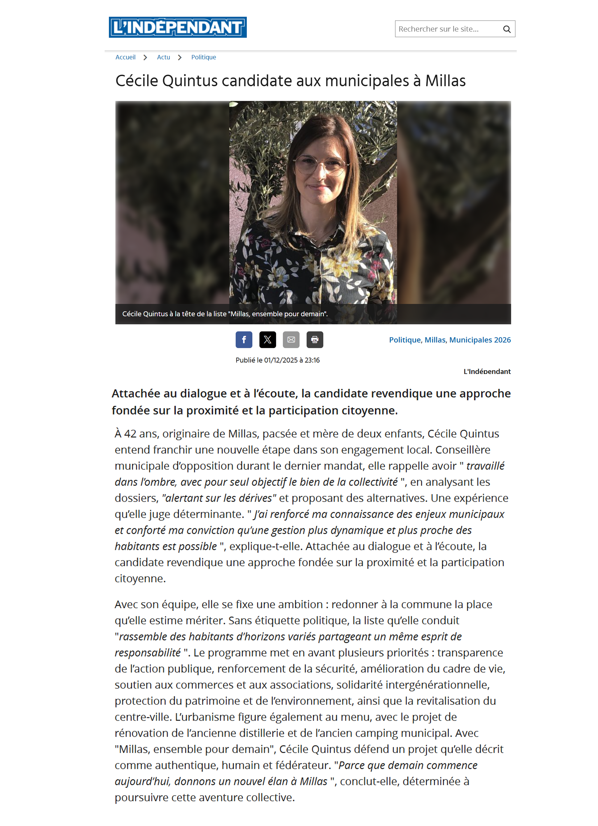 20251201 Cécile Quintus candidate aux municipales à Millas - lindependant